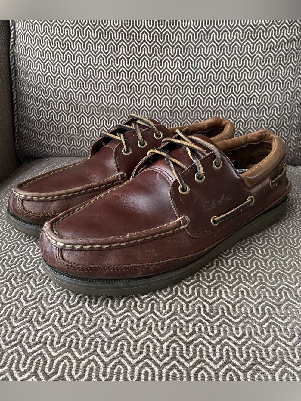 Cabelas Leather Boat Shoes Brown Moc Toe Lace Up Mens 11 Vibram Outsole Topsider